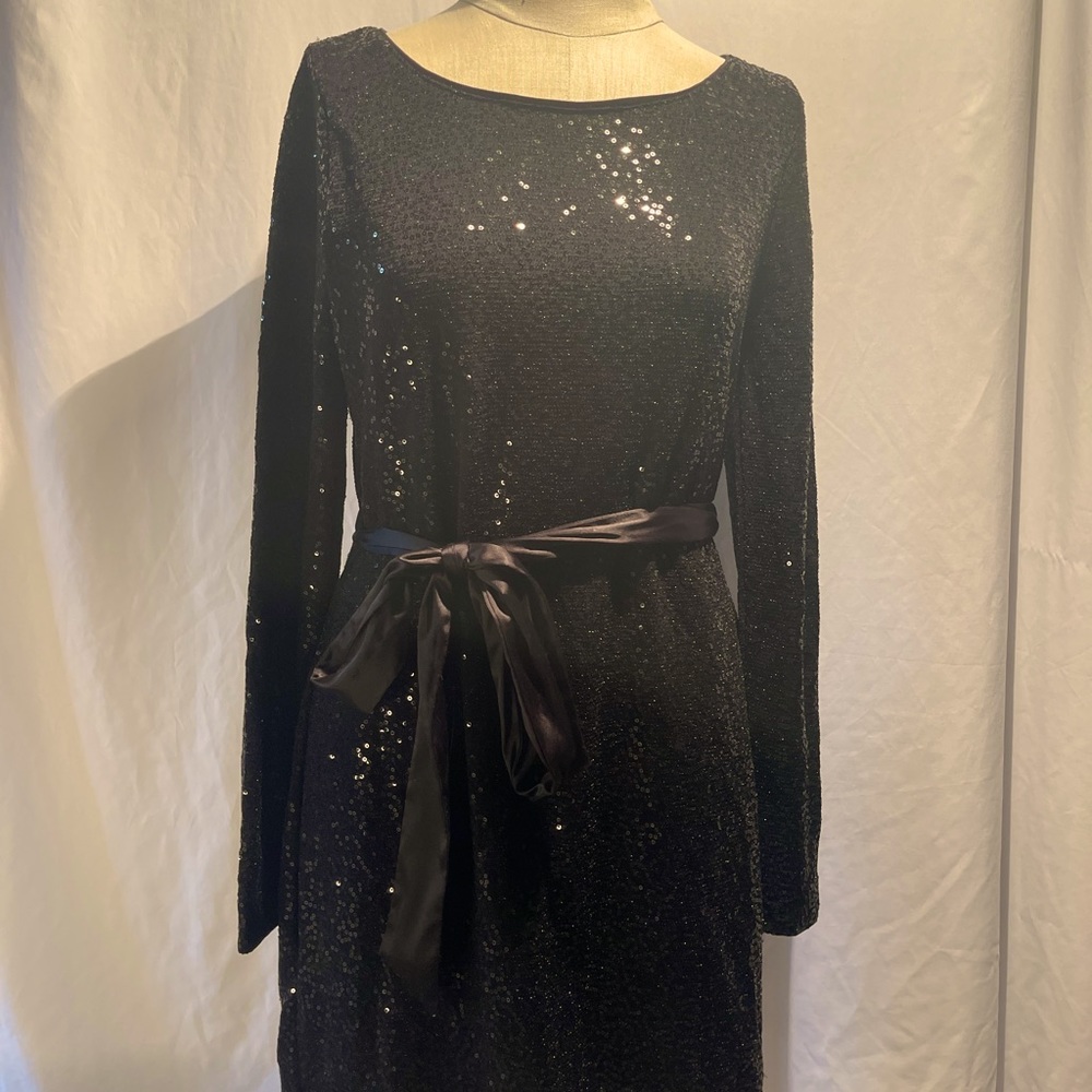 Black Express sequined dress with satin belt tie.